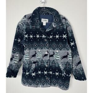 Vintage LL Bean Jacket Fleece Deep Pile Blue Reindeer USA Made 90s M